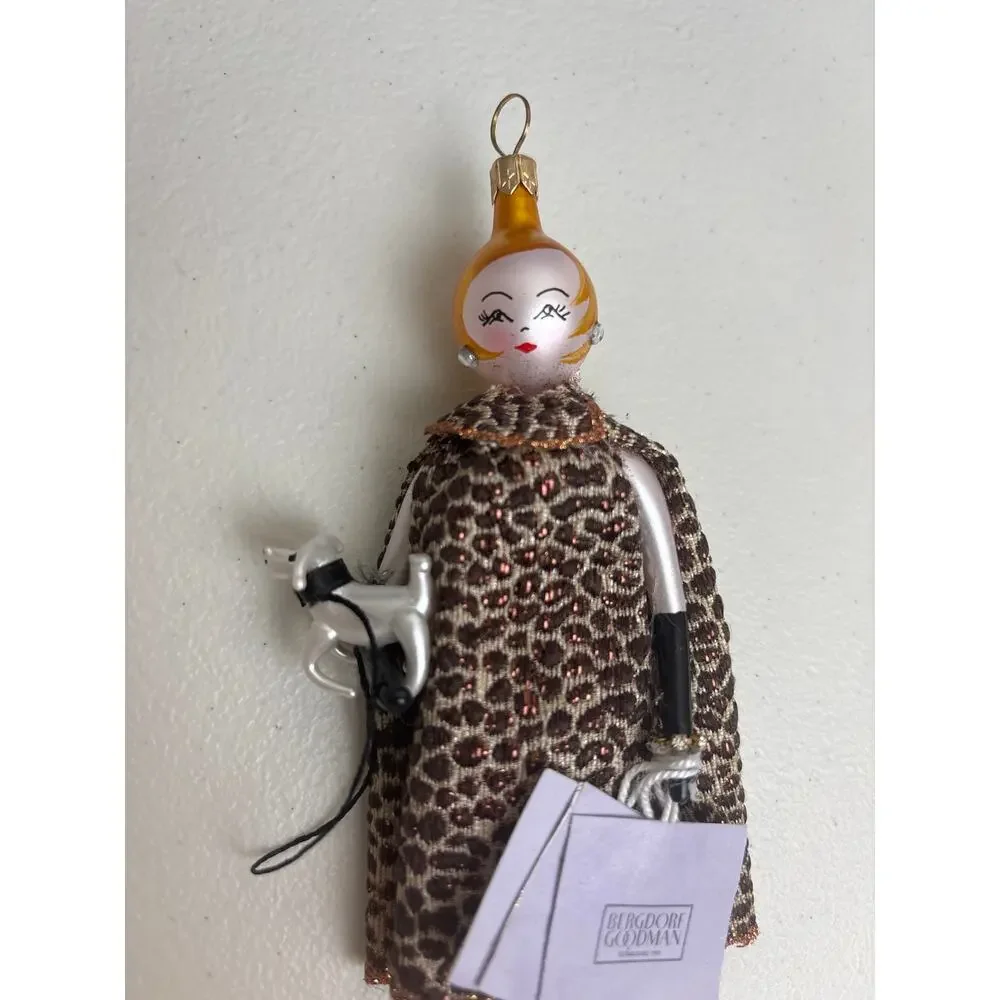 De Carlini Bergdorf Goodman Glass Ornament Leopard Coat Lady Dog Italy w/ BG Box